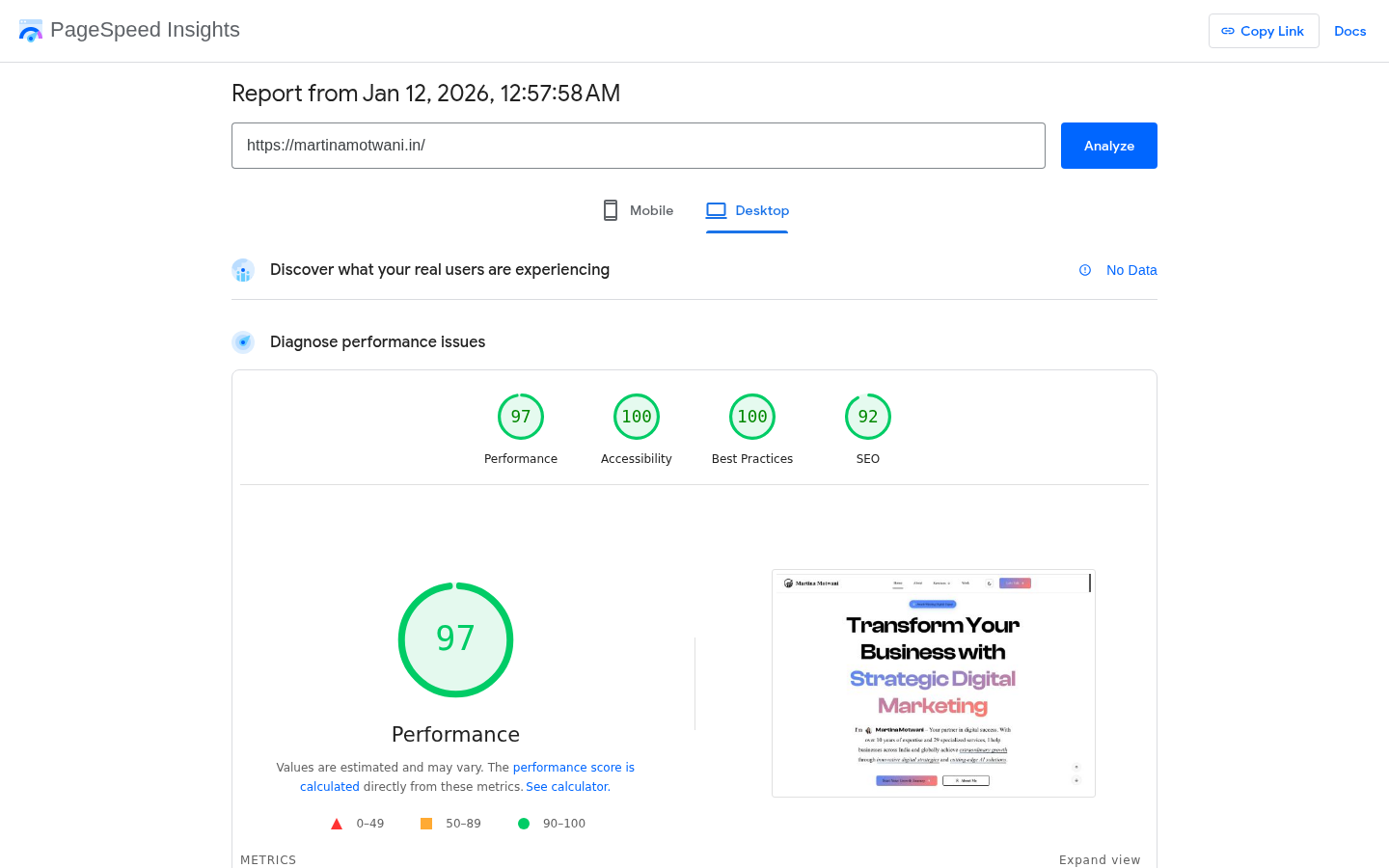 Martina Motwani PageSpeed Score