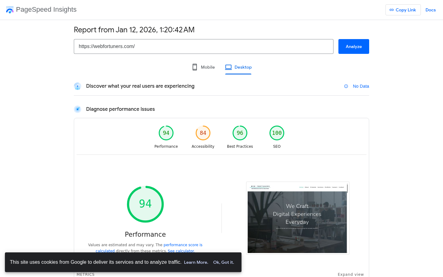 WebFortuners PageSpeed Score